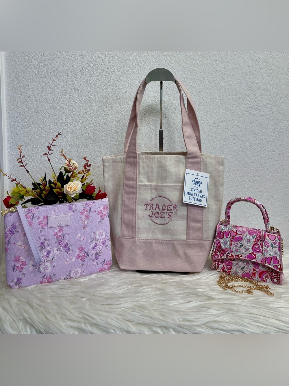 Bundle of 3: Trader Joe’s Tote, Love Shack Fancy Pouch and Novelty Mini Satchel